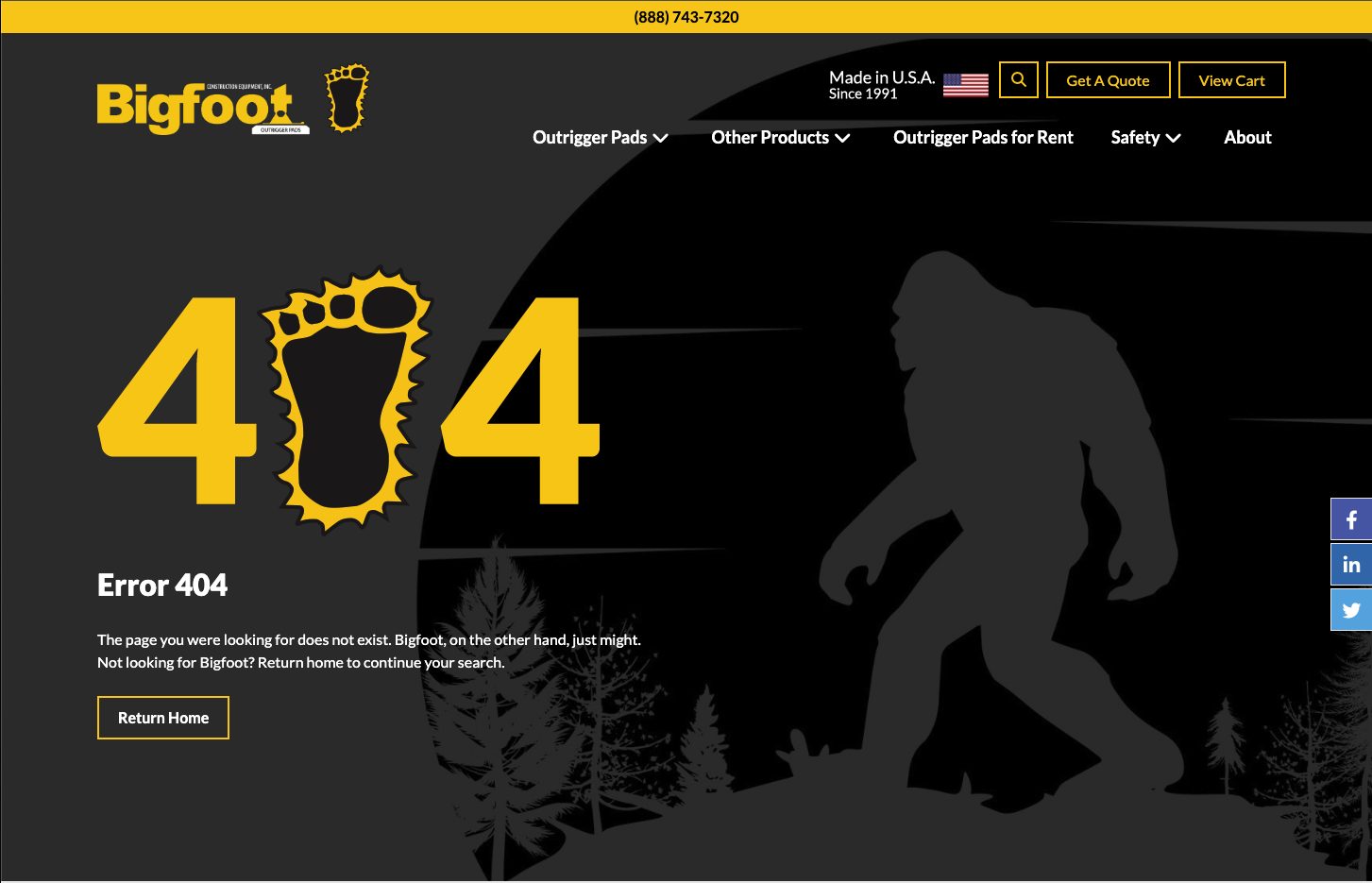 Bigfoot Outrigger Page has one of our favorite 404 page designs with a play on words Bigfoot in the background and their logo used for the 404 on page.