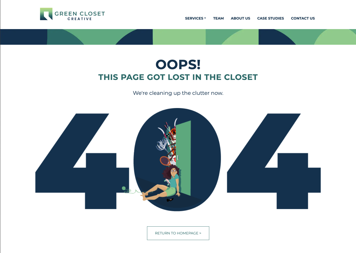 The Green Closet Creative 404 page design quite literally includes a closet to add humor and cleverness to our 404 page