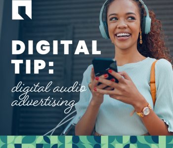 person wearing headphones with text over "Digital Tip: Digital Audio Advertising"