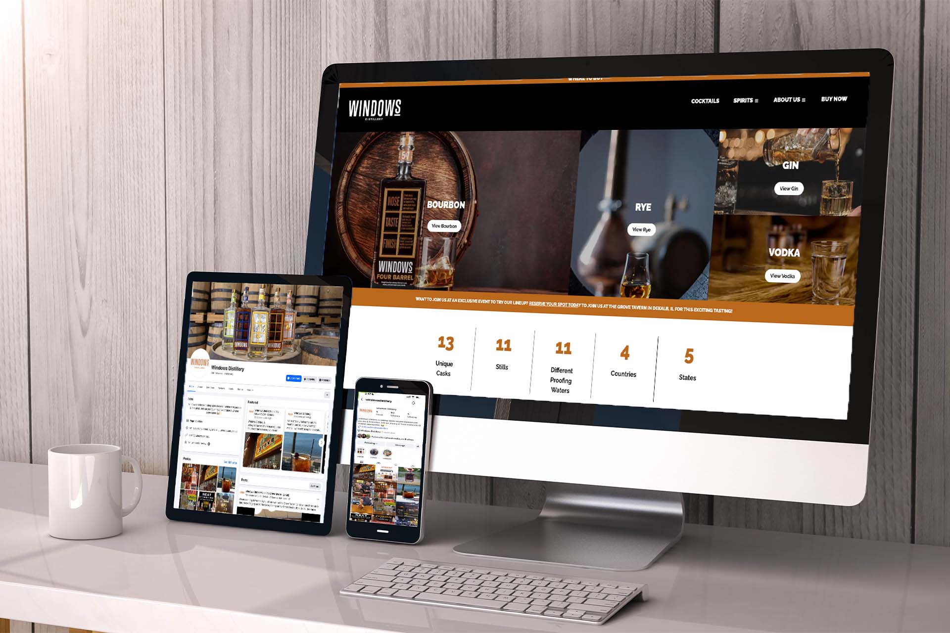 windows distillery website on computer, ipad, and phone
