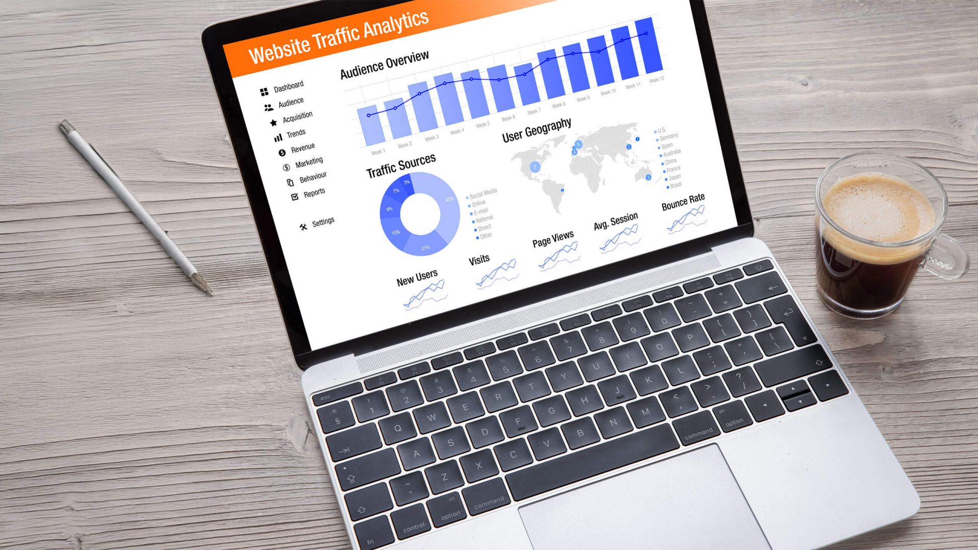 a laptop with website traffic analytics on the screen, a cup of coffee to the right of the laptop, and a pen to the left
