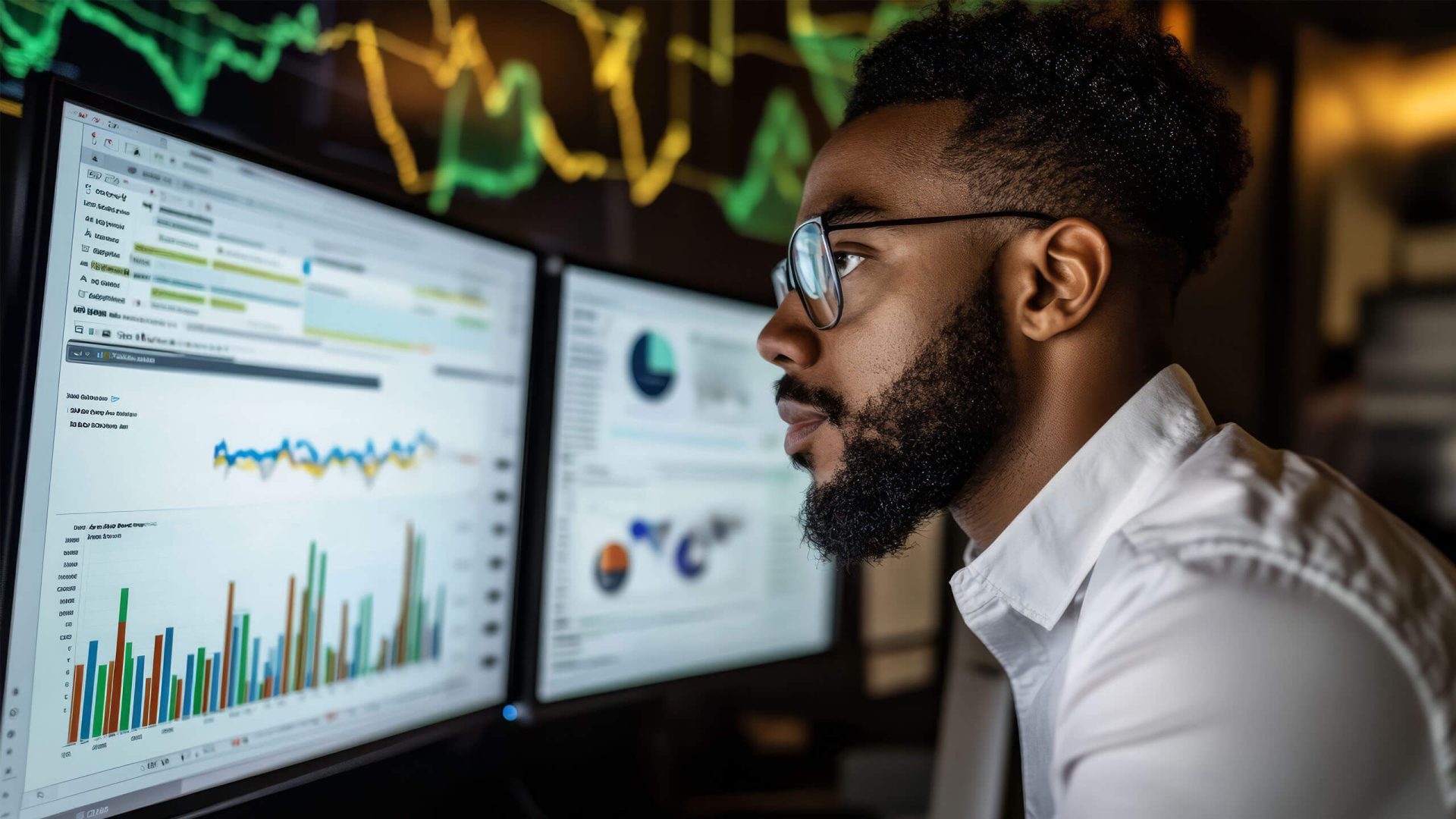 black man looking at multiple graphs in a dark room