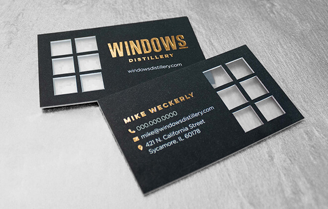 Luxury business card design with copper foil stamp for distillery